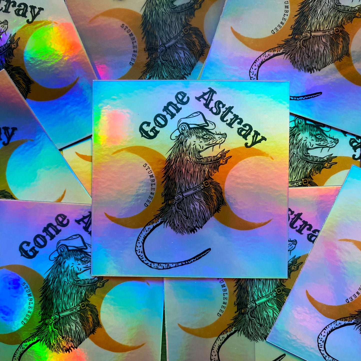 Gone Astray Cowboy Opossum Lino Print Holographic Vinyl Sticker