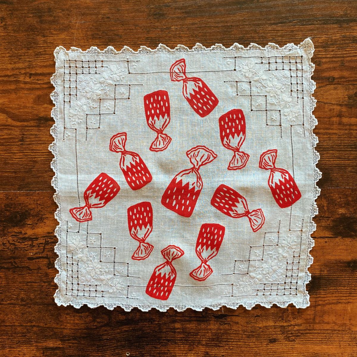 Strawberry Bon Bon Block Printed Vintage Handkerchief image 1