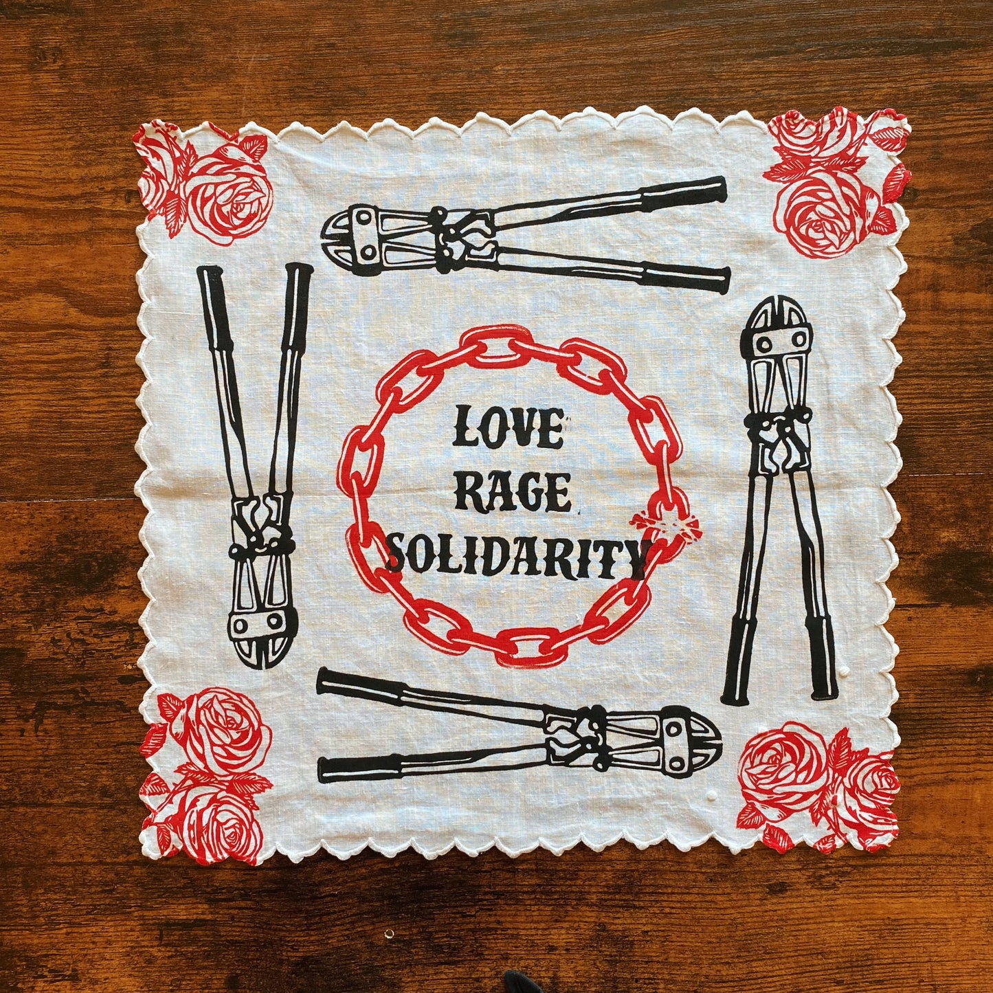 Love Rage Solidarity Block Printed Vintage Handkerchief