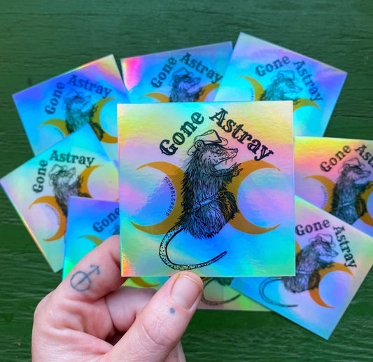 Gone Astray Cowboy Opossum Lino Print Holographic Vinyl Sticker