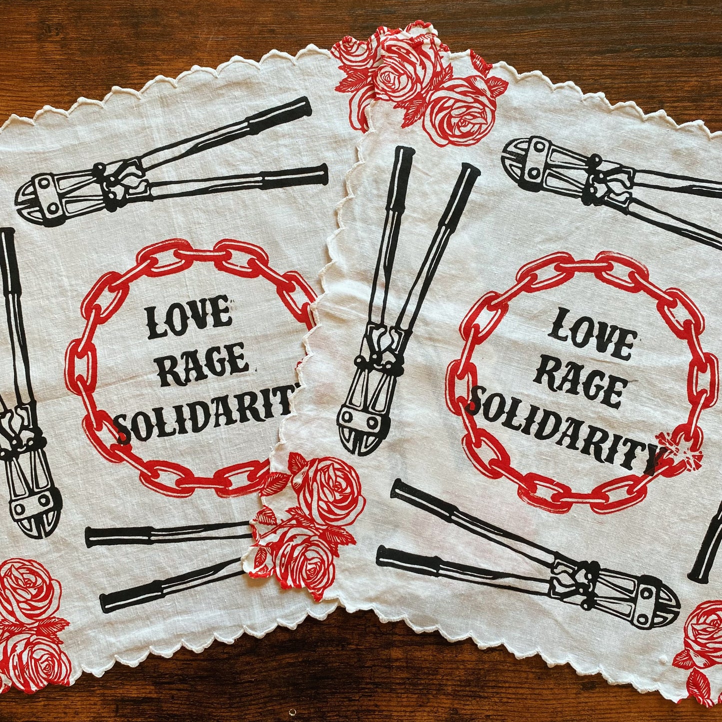 Love Rage Solidarity Block Printed Vintage Handkerchief