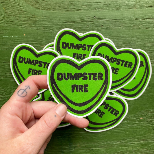 Dumpster Fire Candy Heart Lino Print Vinyl Sticker