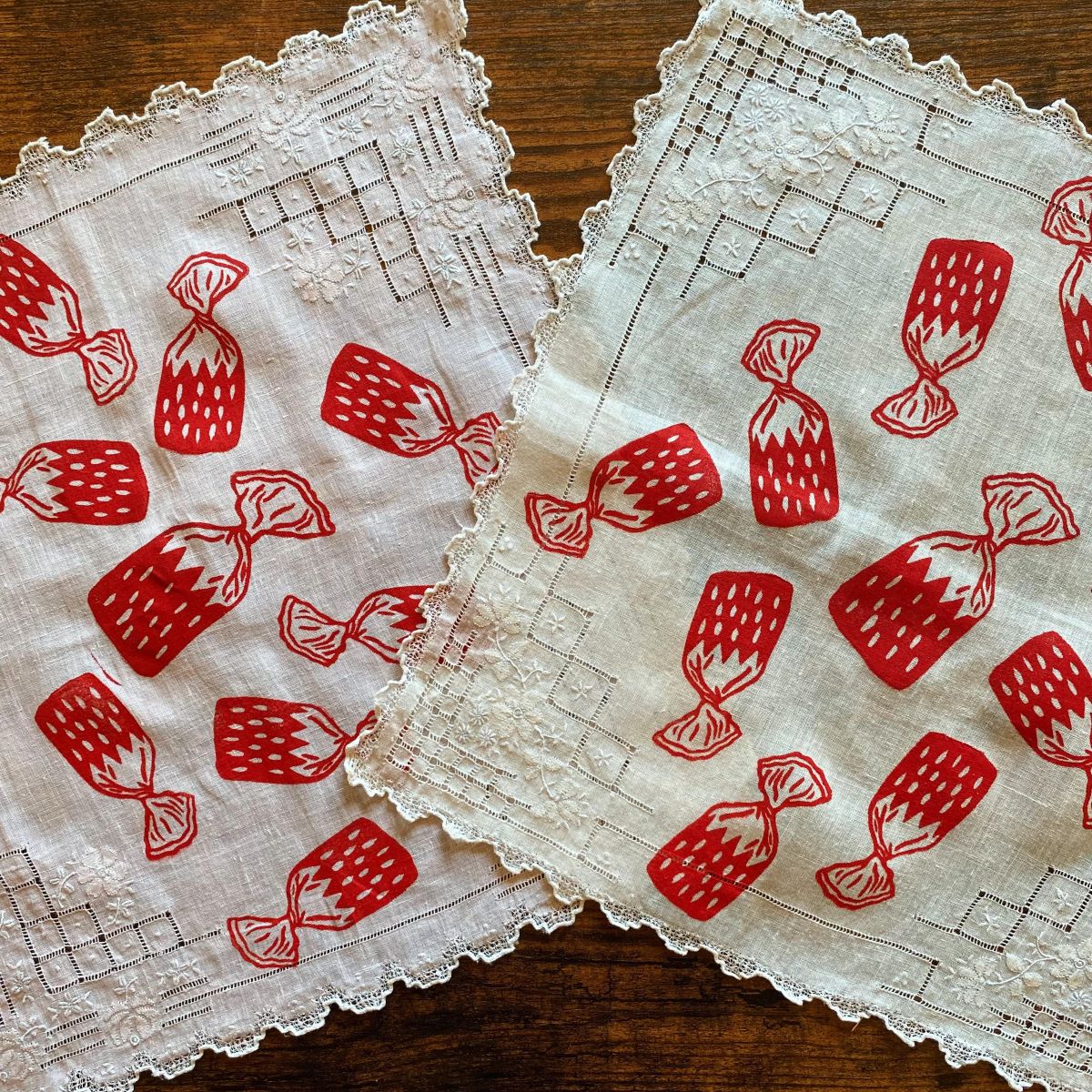 Strawberry Bon Bon Block Printed Vintage Handkerchief image 0